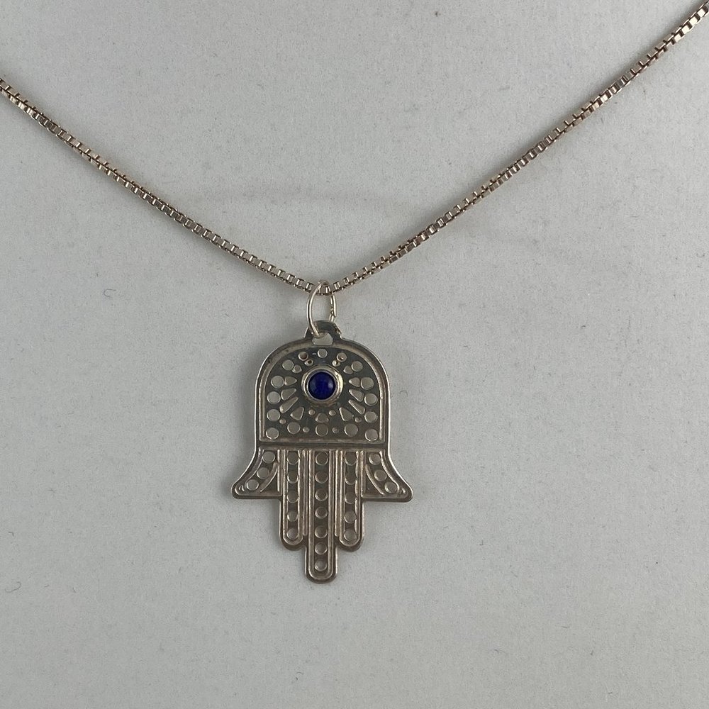 Vintage 925 Silver Hamsa Lapis Charm16in Box Chain